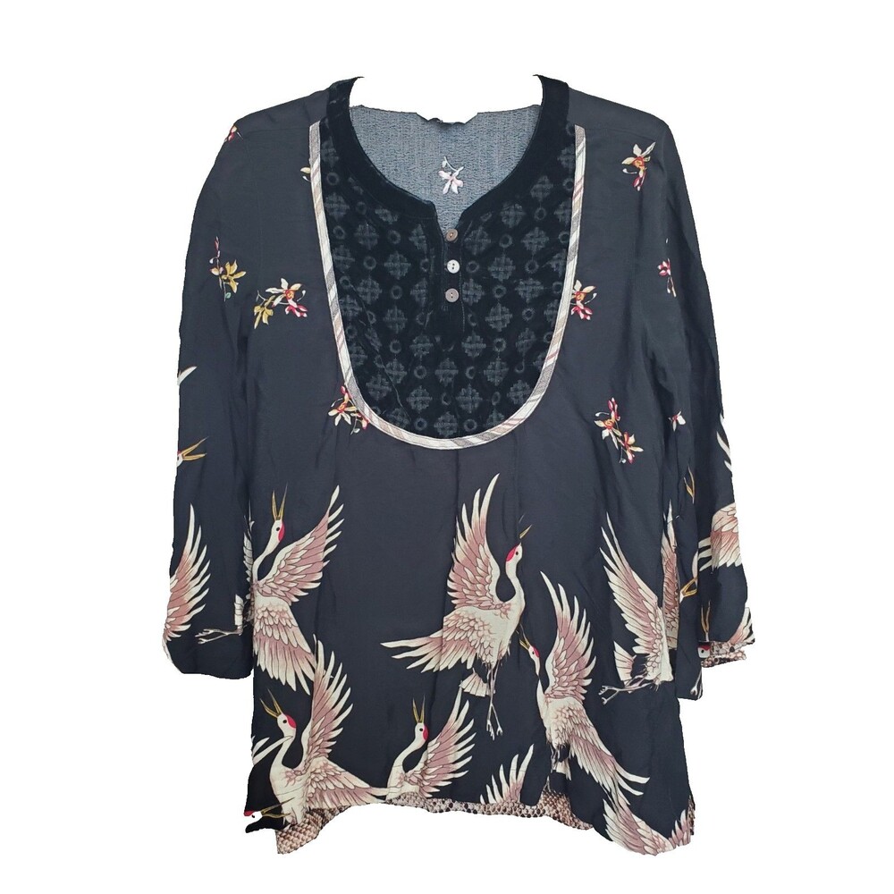 John Mark Exotic Crane Print Mixed Media Flared Sleeve Tunic Size Medium Boho